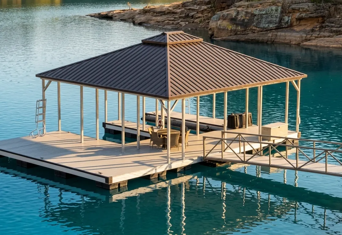 Aluminum floating boat house and dock on an Idaho lake by Purpose Built Construction