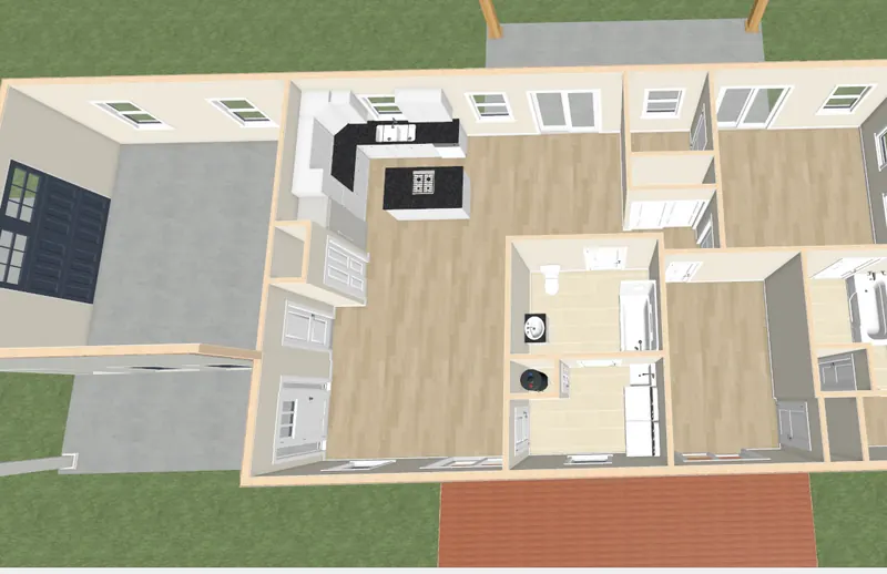 3D dollhouse floor plan view of the Beasley home and attached garage