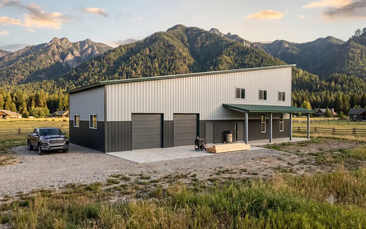 3D design render of a single-slope custom barndominium by Purpose Built Construction, Naples Idaho