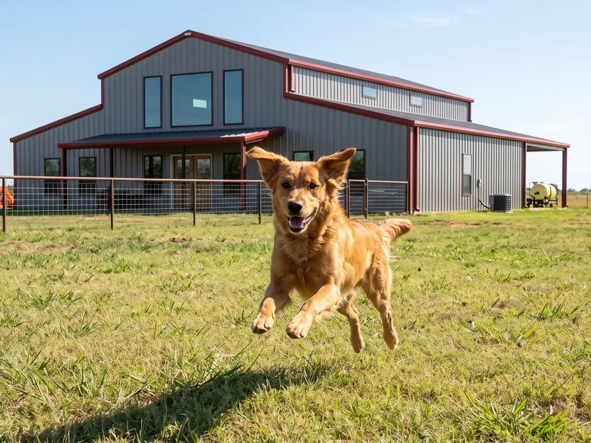 Life at a Purpose Built property in North Idaho: a dog outside a barn, a floating lake dock, and a workshop garage with bikes and carpentry
