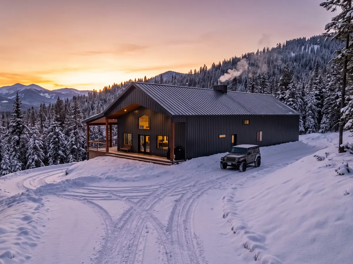 A dark metal barndominium home in the snowy North Idaho mountains at sunset, with a Jeep in the driveway